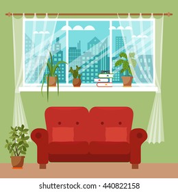 Colorful flat style illustration of room with window, curtains and flowers. 