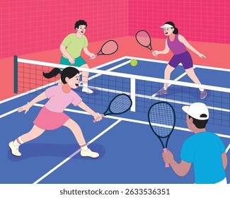 Colorful flat style illustration showing a group of players enjoying a game of pickleball. Characters are active, social, and competitive in this trendy racquet sport scene.