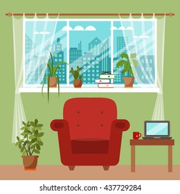 Colorful flat style illustration of window with curtains and flowers. Cartoon vector poster room interior window curtains with indoor plants. 