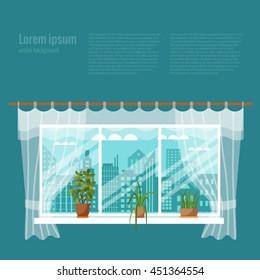 Colorful flat style illustration of window with curtains and flowers. Cartoon vector poster room interior window curtains with indoor plants. 