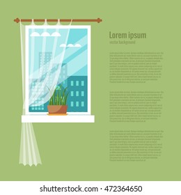 Colorful flat style illustration of window with curtains and flowers. 