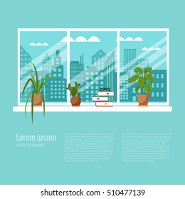 Colorful flat style illustration of window with house plants and flowers.