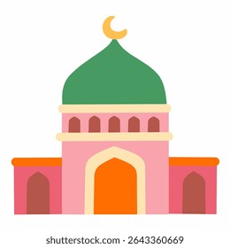 Mesquita Islâmica de Estilo Plano Colorida com Cúpula Verde e Crescente. Ideal para Ramadã, Eid, celebrações islâmicas, banners, cartazes, cartões de saudação e conteúdo cultural.