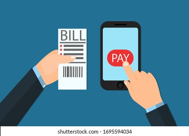 Colorful flat style of person using smartphone and receipt to pay bills with app on blue background