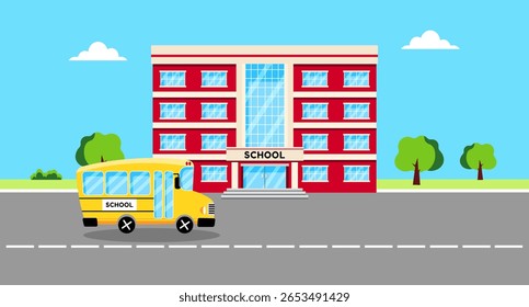 Colorful Flat Style School Building with School Bus on Street. Cartoon Cityscape Education Background