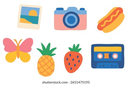 Ícones coloridos de verão em estilo plano, incluindo câmera, maiô, abacaxi, cachorro-quente, fita cassete, picolé e morango. Ótimo para viagens, férias e temas tropicais