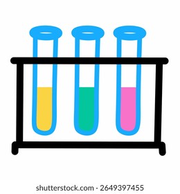 Colorful flat style test tubes with different liquid colors in a rack. Perfect for chemistry, lab tools, science experiments, and kids’ education visuals.