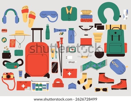 Colorful flat style travel essentials collection including a suitcase, backpack, camera, clothes, maps, hygiene products, and hiking gear. Perfect for packing guides, tourism promotions, . Vector