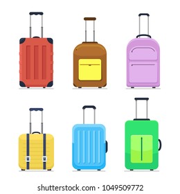 Colorful flat style travel suitcases on wheels. Business and family summer vacation luggage, journey package icons set. Vector illustrations isolated on white background.