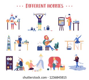 Colorful flat style of various animals doing different sports and hobbies on white background. Set of animals having different hobbies