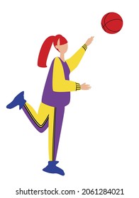 Colorful flat style vector illustration of young female in sportive outfits playing volleyball isolated on white background