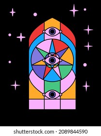 Colorful flat style vector illustration of a stained-glass window with a heptagram or septogram, a seven-point star. 