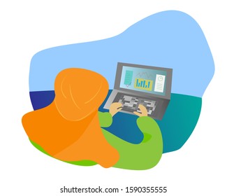 Colorful flat style vector image of a young woman working or studying using a laptop. Women and digital technologies concept.