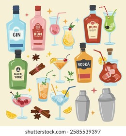 A colorful, flat, and stylized digital illustration of various alcoholic beverages, cocktail ingredients, and bar accessories. The image includes bottles of gin, rum, tequila, vodka, and cognac