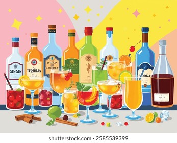 A colorful, flat, and stylized digital illustration of various alcoholic beverages, cocktail ingredients, and bar accessories. The image includes bottles of gin, rum, tequila, vodka, and cognac