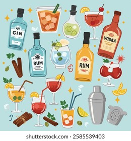 A colorful, flat, and stylized digital illustration of various alcoholic beverages, cocktail ingredients, and bar accessories. The image includes bottles of gin, rum, tequila, vodka, and cognac