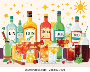 A colorful, flat, and stylized digital illustration of various alcoholic beverages, cocktail ingredients, and bar accessories. The image includes bottles of gin, rum, tequila, vodka, and cognac