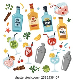 A colorful, flat, and stylized digital illustration of various alcoholic beverages, cocktail ingredients, and bar accessories. The image includes bottles of gin, rum, tequila, vodka, and cognac