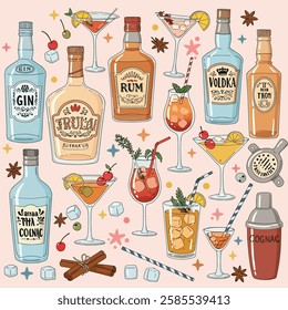 A colorful, flat, and stylized digital illustration of various alcoholic beverages, cocktail ingredients, and bar accessories. The image includes bottles of gin, rum, tequila, vodka, and cognac