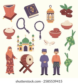 A colorful, flat, and stylized digital illustration of various islamic objects. The image includes Prayer Mat (Sejadah), AlQuran, Dates (Kurma), Lantern (Fanous Ramadan), Tasbih (Prayer Beads), Mosque