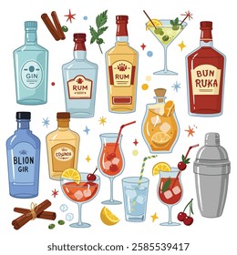 A colorful, flat, and stylized digital illustration of various alcoholic beverages, cocktail ingredients, and bar accessories. The image includes bottles of gin, rum, tequila, vodka, and cognac