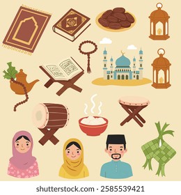 A colorful, flat, and stylized digital illustration of various islamic objects. The image includes Prayer Mat (Sejadah), AlQuran, Dates (Kurma), Lantern (Fanous Ramadan), Tasbih (Prayer Beads), Mosque