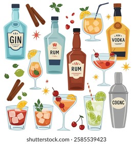 A colorful, flat, and stylized digital illustration of various alcoholic beverages, cocktail ingredients, and bar accessories. The image includes bottles of gin, rum, tequila, vodka, and cognac