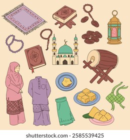 A colorful, flat, and stylized digital illustration of various islamic objects. The image includes Prayer Mat (Sejadah), AlQuran, Dates (Kurma), Lantern (Fanous Ramadan), Tasbih (Prayer Beads), Mosque