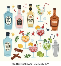 A colorful, flat, and stylized digital illustration of various alcoholic beverages, cocktail ingredients, and bar accessories. The image includes bottles of gin, rum, tequila, vodka, and cognac