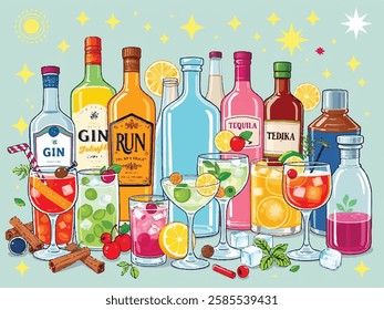 A colorful, flat, and stylized digital illustration of various alcoholic beverages, cocktail ingredients, and bar accessories. The image includes bottles of gin, rum, tequila, vodka, and cognac