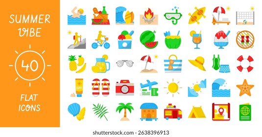 Colorful flat summer icon set of 40 vacation, beach, and outdoor activity symbols. Ideal for web design, stickers, travel apps, infographics, and summer promotions.
