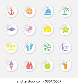 colorful flat summer icon set on white circle button with soft shadow for web design, user interface (UI), infographic and mobile application (apps)