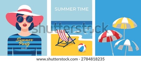 Colorful flat summer vacation illustration set featuring stylish woman in sunglasses, beach chair, umbrellas, seaside elements, and tropical holiday themes perfect for travel promotions, summer party banners, and seasonal designs.