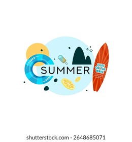 Colorful flat summer vector illustration with surfboard, float ring, popsicle, lemon slices, sun, and mountains. Fun, modern, and playful design perfect for vacation, beach, or tropical themes.