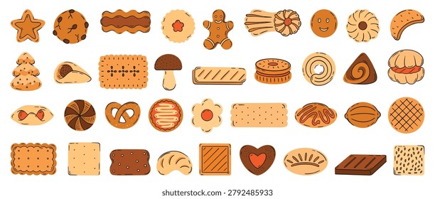 Colorful flat sweet cookies. Different biscuits for children and adults, sugar snacks. Christmas desserts, party, holidays food. Tasty bakery, neoteric vector clipart