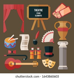 Colorful flat theatre icons set with musical instruments and props isolated on white backgroumd vector illustration