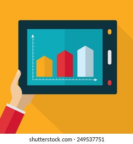 Colorful flat touch interface with graph background. Hand using and touching screen. Vector flat design concept for business, web, development, network, internet technology.