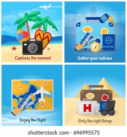 Colorful flat travel concept with summer vacation elements on cityscape sky tropical beach and pyramids landscape vector illustration