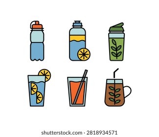 Colorful flat of various drinks including water bottles and glasses with fruit slices and leaves on a white background