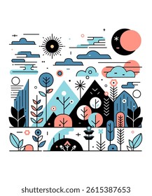 Colorful flat vector of abstract nature with sun, moon, mountains, trees, and clouds in a minimal geometric style. Perfect for backgrounds, posters, and creative designs.