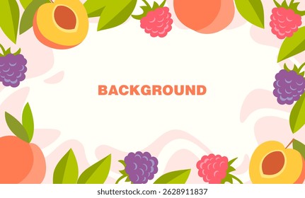 Colorful flat vector background with peaches, raspberries, and blackberries. Great for invitations, food packaging, summer ads, or social media posts.