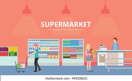 Colorful flat vector banners. People shopping, supermarket shopping. Supermarket interior design. Eco packaging