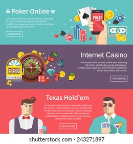 Colorful flat vector banners set. Quality design illustrations, elements and concept. Poker online. Internet casino. Texas hold'em.