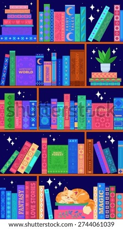 Colorful flat vector bookshelf filled with decorative books, genres and titles. Cozy night scene with stars, plant and sleeping cat. Concept of reading, literature, home library and imagination. Modern editorial illustration.