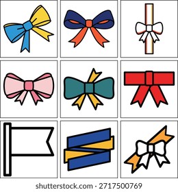 Colorful flat vector bow and ribbon icon set with various shapes and styles. Clean outline illustration suitable for gift decoration, holiday design, celebration graphics, packaging, stickers, and commercial design projects.