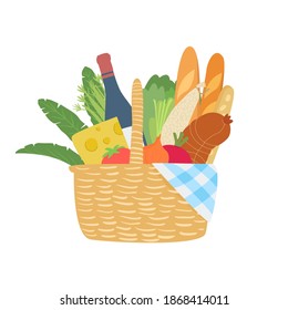 Colorful flat vector cartoon illustration of a picnic basket with vegetables, herbs, cheese, sausages, pastries and wine. Food storage basket isolated on a white background.