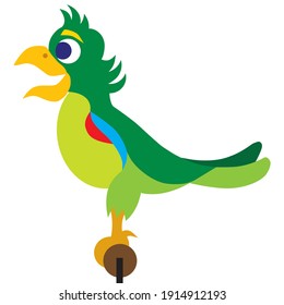 A colorful flat vector cartoon parrot is resting happily on his perch