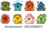 A colorful flat vector collection of decorative birdhouses representing the four seasons, featuring spring blossoms, tropical summer plants, autumn leaves, rainy weather, sunflowers, berries, pinecones, and winter snow. Perfect for nature-themed designs, gardening projects, seasonal decorations, children