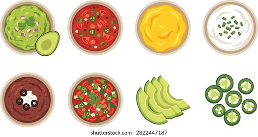 Colorful flat vector collection featuring popular Mexican dips and fresh toppings including guacamole, salsa, cheese dip, sour cream, black bean dip, avocado slices, and jalapeños. Perfect for restaurant menus, recipe books, food blogs, culinary apps, and grocery promotions.