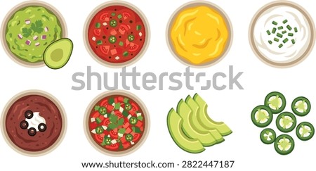 Colorful flat vector collection featuring popular Mexican dips and fresh toppings including guacamole, salsa, cheese dip, sour cream, black bean dip, avocado slices, and jalapeños. Perfect for restaurant menus, recipe books, food blogs, culinary apps, and grocery promotions.